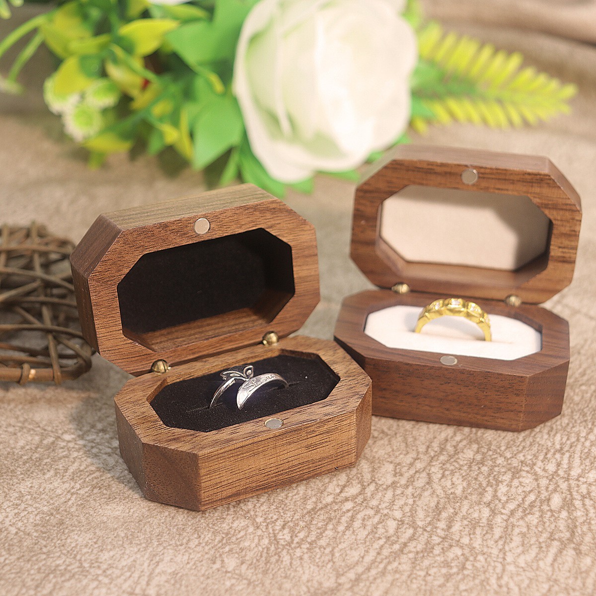 Vintage Walnut Wood Ring Box Jewelry Display Storage Holder Engagement  Wedding
