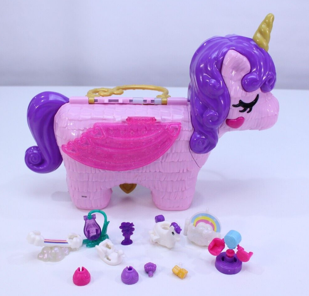 Polly Pocket Unicorn Party Compact Playset Carry Case Pink Piñata Extras Toy