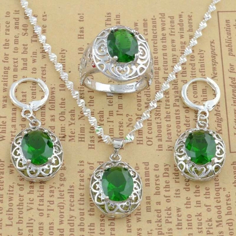 Women's Simulated Emerald Jewelry Set 925 Silver Pendant Necklace Earrings Ring - Image 3 of 4