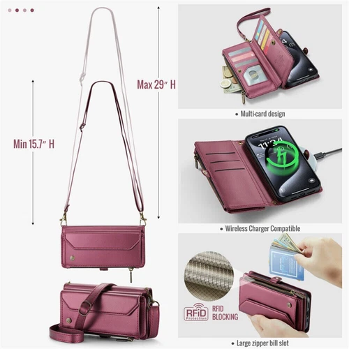 For iPhone 16 15 14 13 12 Pro Max Plus Case Wallet Leather ZIP Bag Strap Cover - Picture 63 of 84