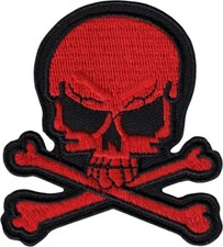 Patch - Red Black Skull Crossbones Skeleton Biker Punk Embroidered Iron On 9687