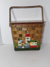 Gary Gail Daillas Woven Wood Basket Purse Cityscape Tall Rectangular Vtg 1970s