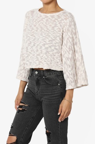 TheMogan Crew Neck 3/4 Bell Seeve Marled Knit Boxy Crop Top Pullover Sweater - Picture 11 of 44