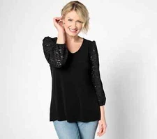 Susan Graver Liquid Knit A-Line Top with Lace Blouson Sleeves Black XXS A634048