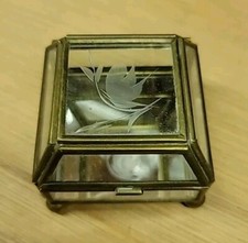 Vtg Hinged Glass Trinket Jewlery Box Mirror Bottom Etched Flower 3" Square EUC