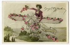 c 1910 Aviation FANTASY AIRPLANE LADY kunst art French photo postcard