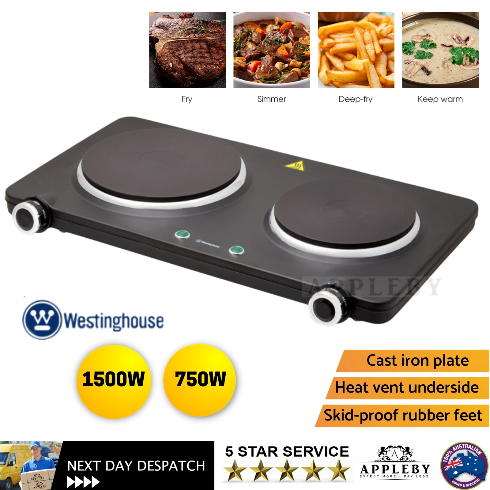 Westinghouse Hotplate Electric Double Hot Plate Cooker 2250W Portable