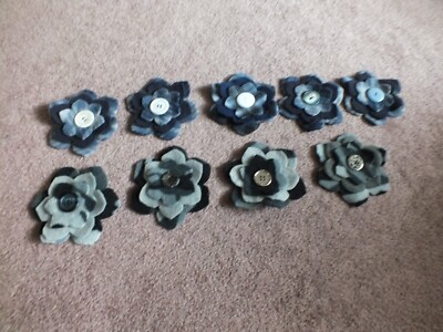 Beautiful Handmade Set 9 Flower Appliques to Add to Your Project 4'' Blues Grays
