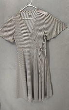 H&M Dress Womens Large Black White Striped Wrap Short Sleeve Flare Midi Modern