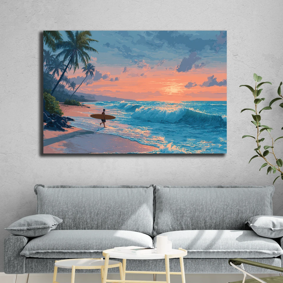 Tropical Surfer Beach Sunset Painting, Ocean Waves Canvas Print Coastal Seascape - image 3 of 4