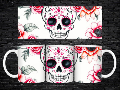 Sugar Skull Becher 11 Unzen Weiß Blumen Tag der Toten Rosa Kunst Kaffee Tee Tasse