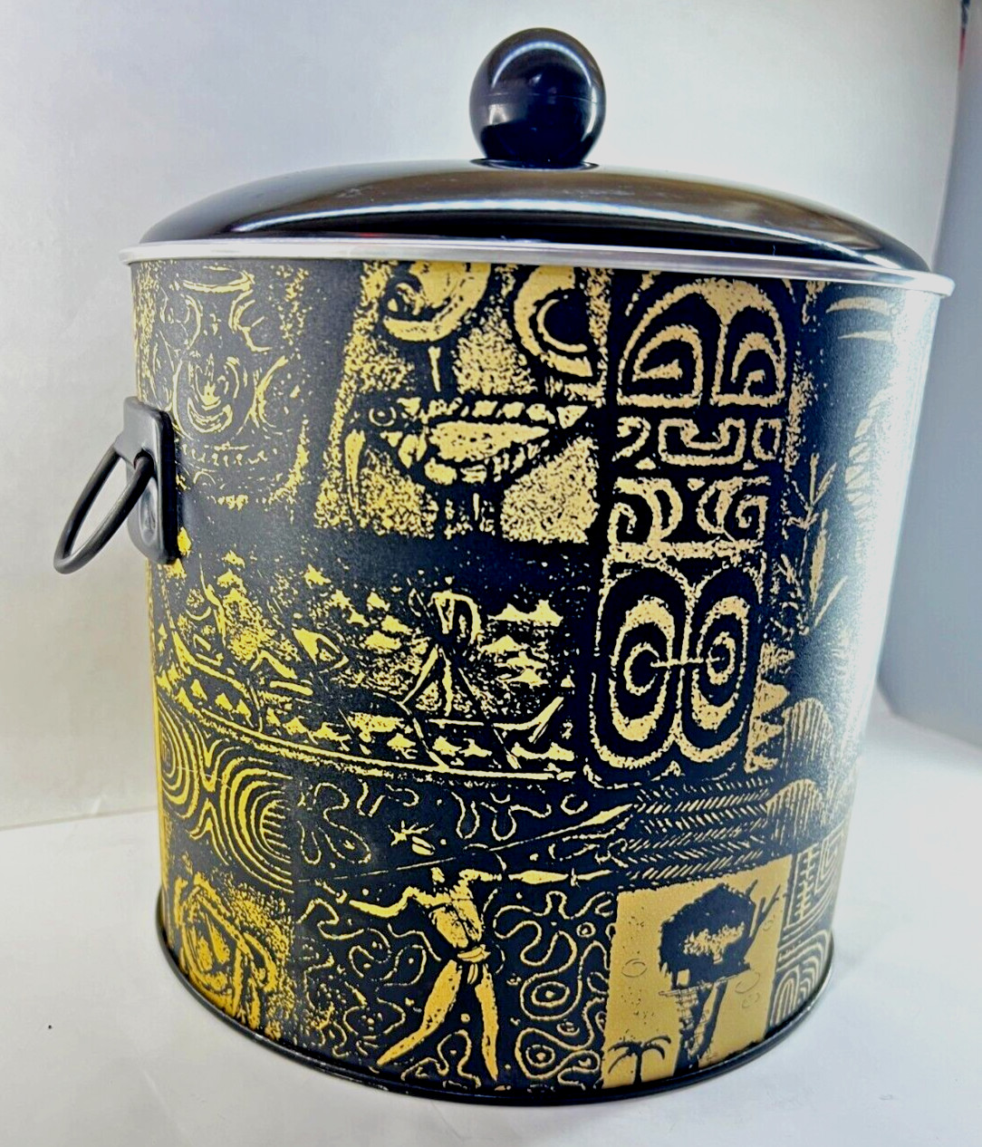 Vintage Greek Patterned Aluminum Insulated 2 Handled Lidded Ice Bucket