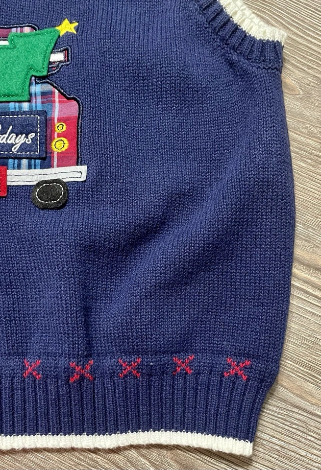 *USADO EN EXCELENTE ESTADO* IZOD Azul Navidad Felices Fiestas Árbol Granja Camión Suéter Chaleco, 3T Niños Foto 3 de 4