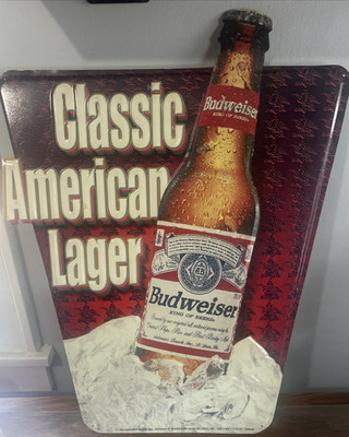 Budweiser Metal Beer Sign Classic American Lager Bottle - used with wear 1998