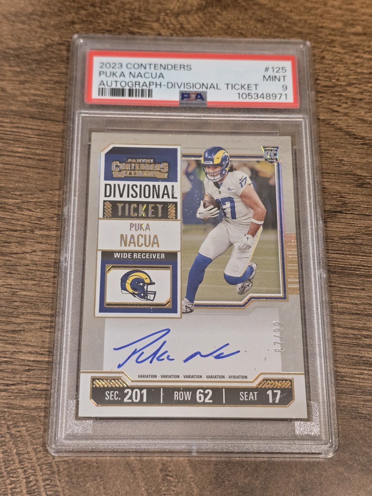 2023 Puka Nacua Panini Contenders Rookie Divisional Ticket /99 #125 PSA 9