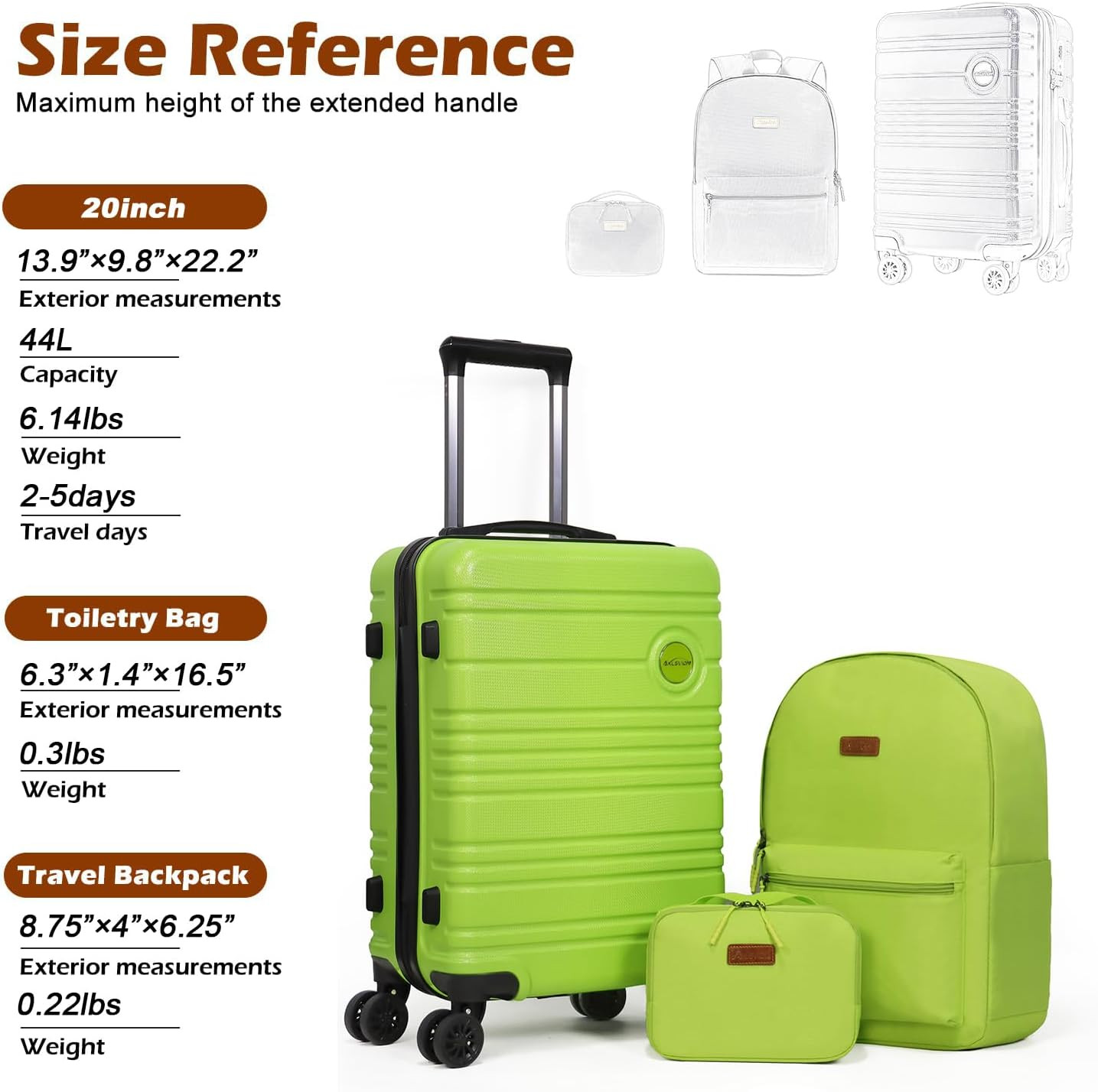 Lime 3-Pc Hardshell Luggage Set with Backpack & TSA Lock, Spinner Wheels
