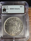 1921-D Morgan Silver Dollar $1 Coin ANACS MS-60 Details, Cleaned Lightly Toned
