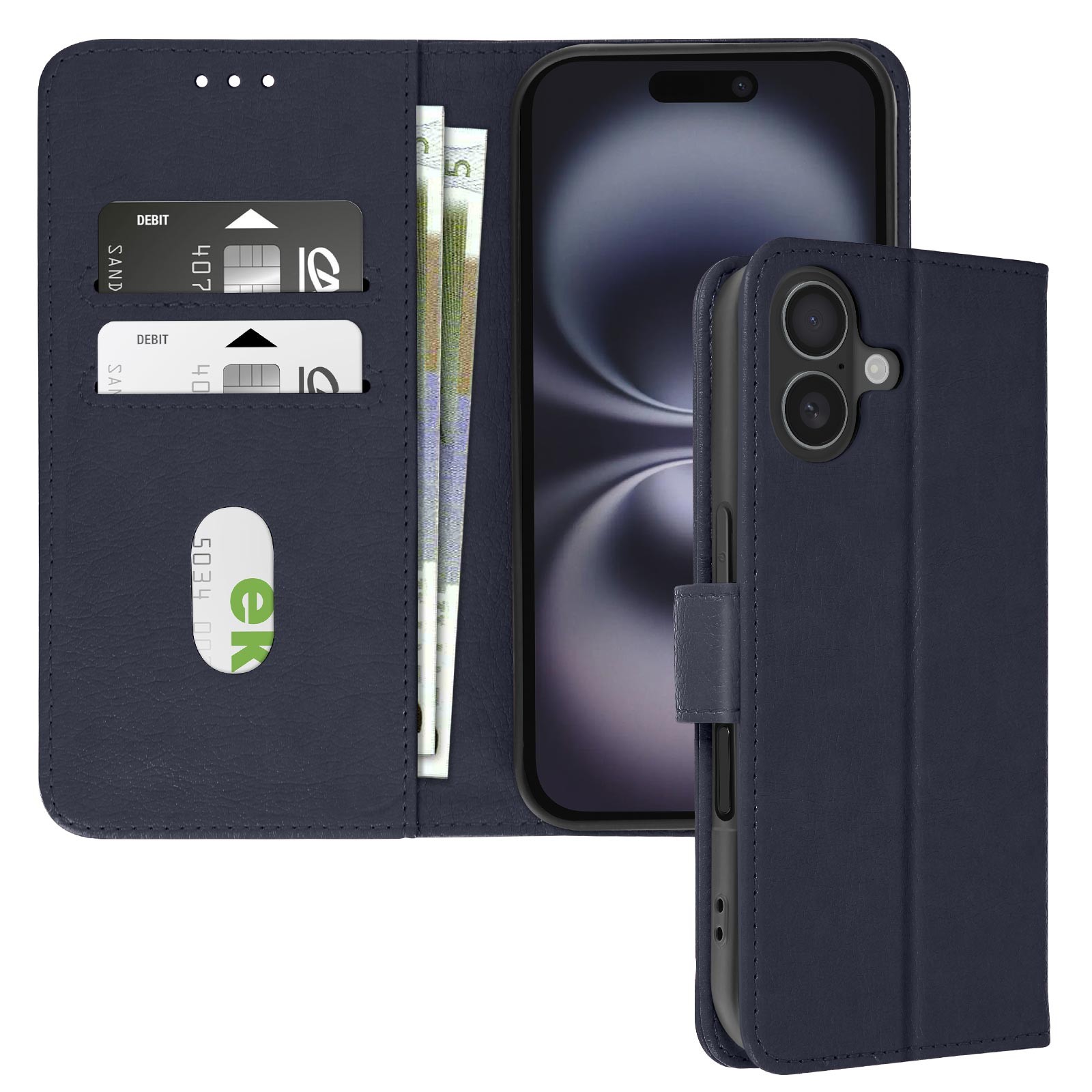 Étui iPhone 16 simili cuir bleu pour visionner vos séries en train