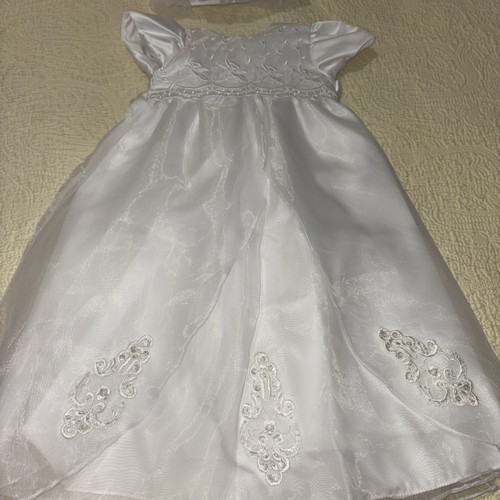 Vintage Baby Christening Long Gown Satin Embroidered Faux Pearls Bonnet 6 - 9M