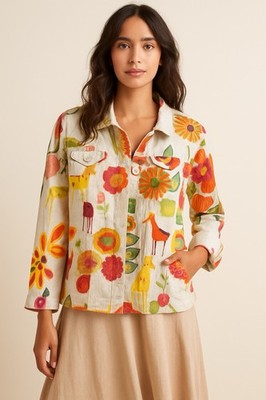 Chico's Floral Animal 100% Linen Shirt Jacket Sz 2 L Art Wear Lagenlook Boho A