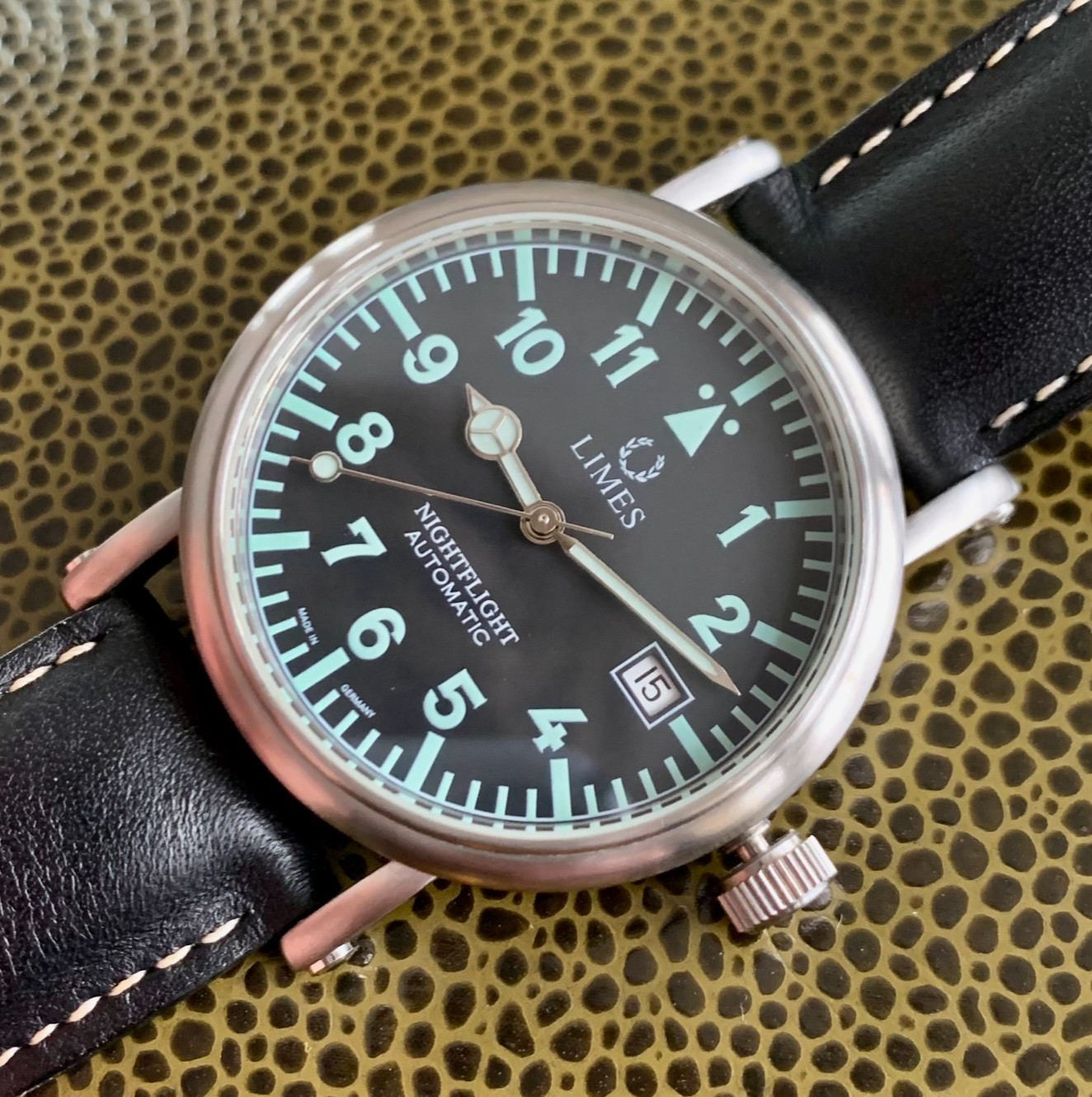 LIMES Nightflight Automatic Flieger Pilots Date 38mm Steel Watch Made in Germany