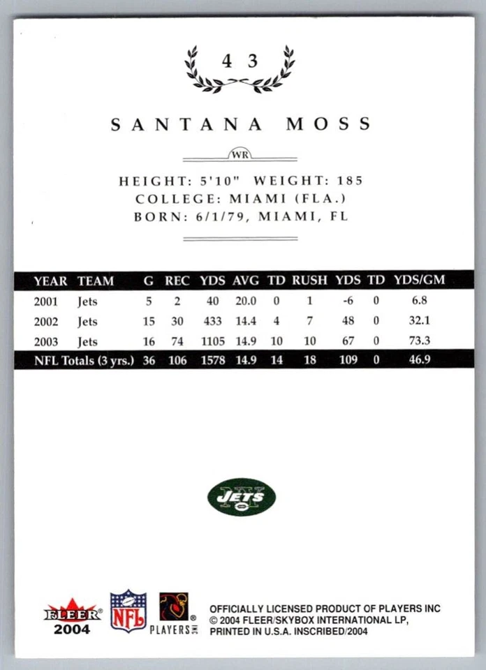 2004 Fleer Inscribed Santana Moss New York Jets #43 - Image 2 of 2