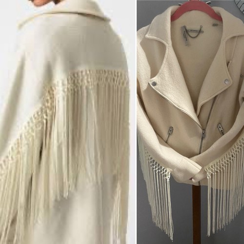 Ivory White Wool Moto Biker Jacket by ALL SAINTS Size XS Motorcycle Fringe