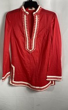Tory Burch Women's Red Cotton Long Sleeve Embroidered Tunic Blouse Sz 2