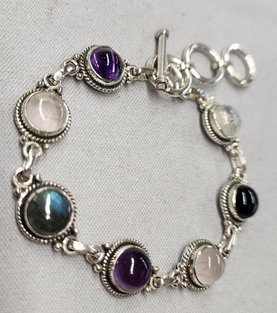 Multi Stone Toggle Sterling Silver Bracelet 6.5"+… - image 2