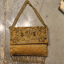 La Regale Gold Beaded Bag w/ Fringe Magnetic Closure Satin Lining 6 x5