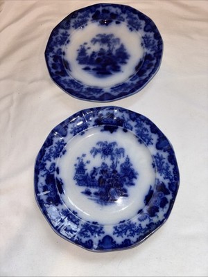 2 Antique FLOW BLUE SCINDE IRONSTONE 8 1/4'' PLATES - J & G Alcock - 1839-1846