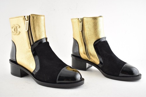 Chanel 18B Gold Black Patent Suede CC Logo Zipper Zip Short Ankle Bootie Boot 35