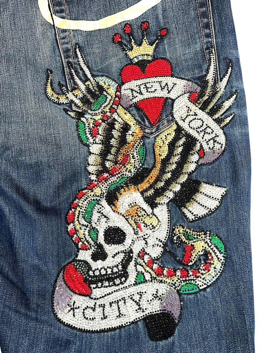 Ed Hardy Mens 36x33 Signature Jeans NYC Embroidered Embellished
