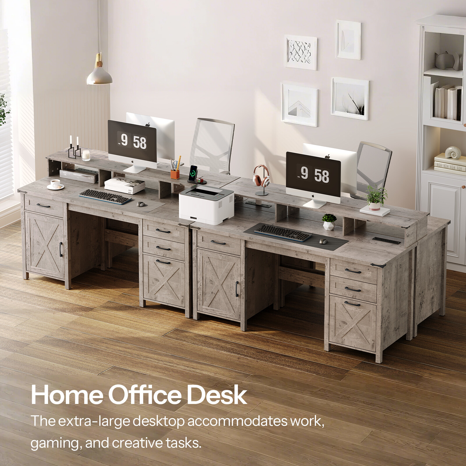 HOOBRO Farmhouse Office Desk 63" Long Computer Desks with File Drawers
