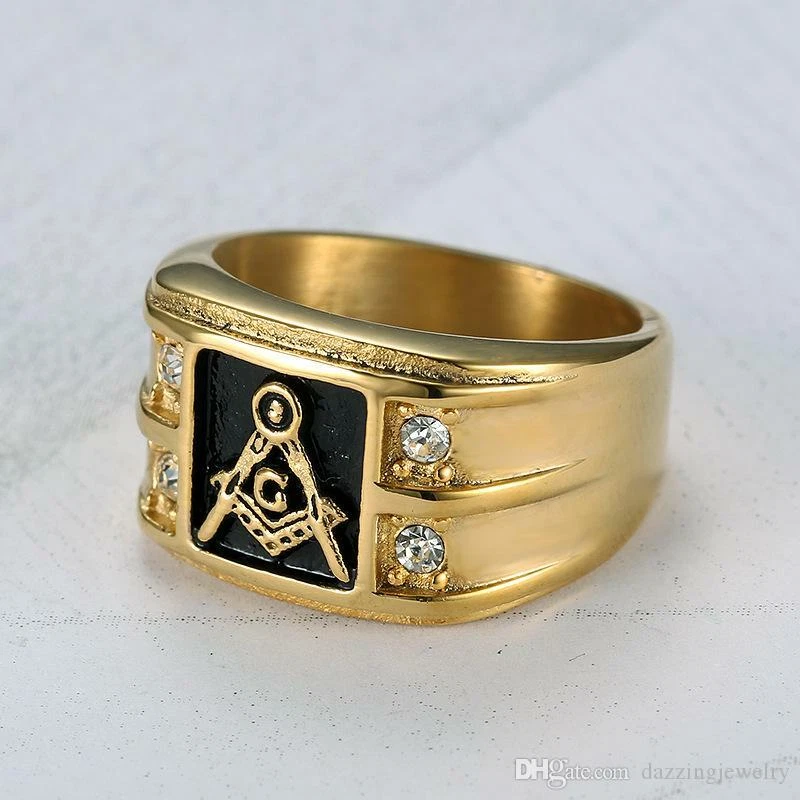 14KT IP Gold Masonic Stainless Steel 316 Lodge Ring AAA Grade CZ