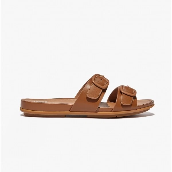 Ladies tan leather sliders cheap