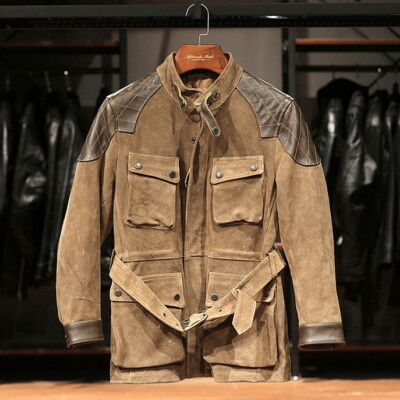 Mens Safari Jacket Suede Cowhide Leather Belted Hunting Coat Biker  Motorcycle UK