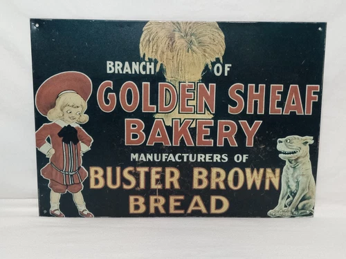 1993 Golden Sheaf Bakery Buster Brown Bread Metal Sign~Decor~Wall Art 16" x 11"