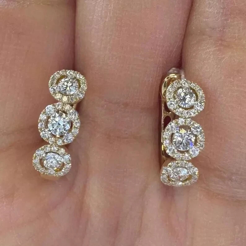 0.80Ct Round Moissanite Halo Hoop Earrings in 14K Yellow Gold Plated for Women
