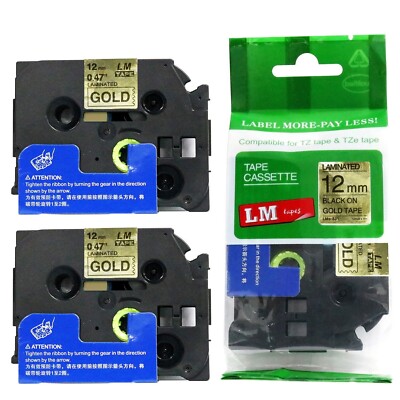 2/Pack 12mm Black on Reflective Gold P-touch Model PTE100, PT-E100 Label Maker