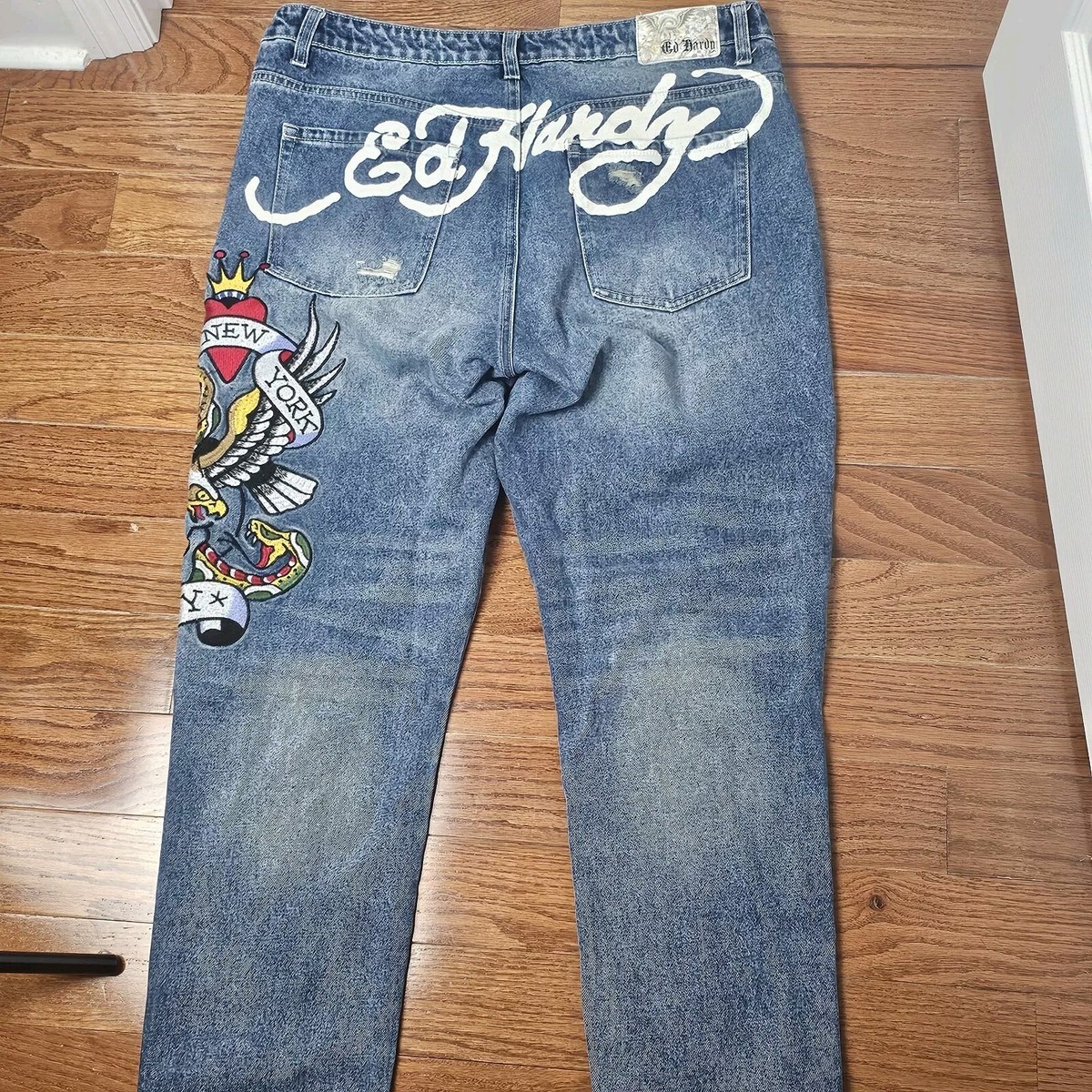 Ed Hardy Jeans 38x30 Embroidered NYC Tattoo Distressed Grunge Y2K