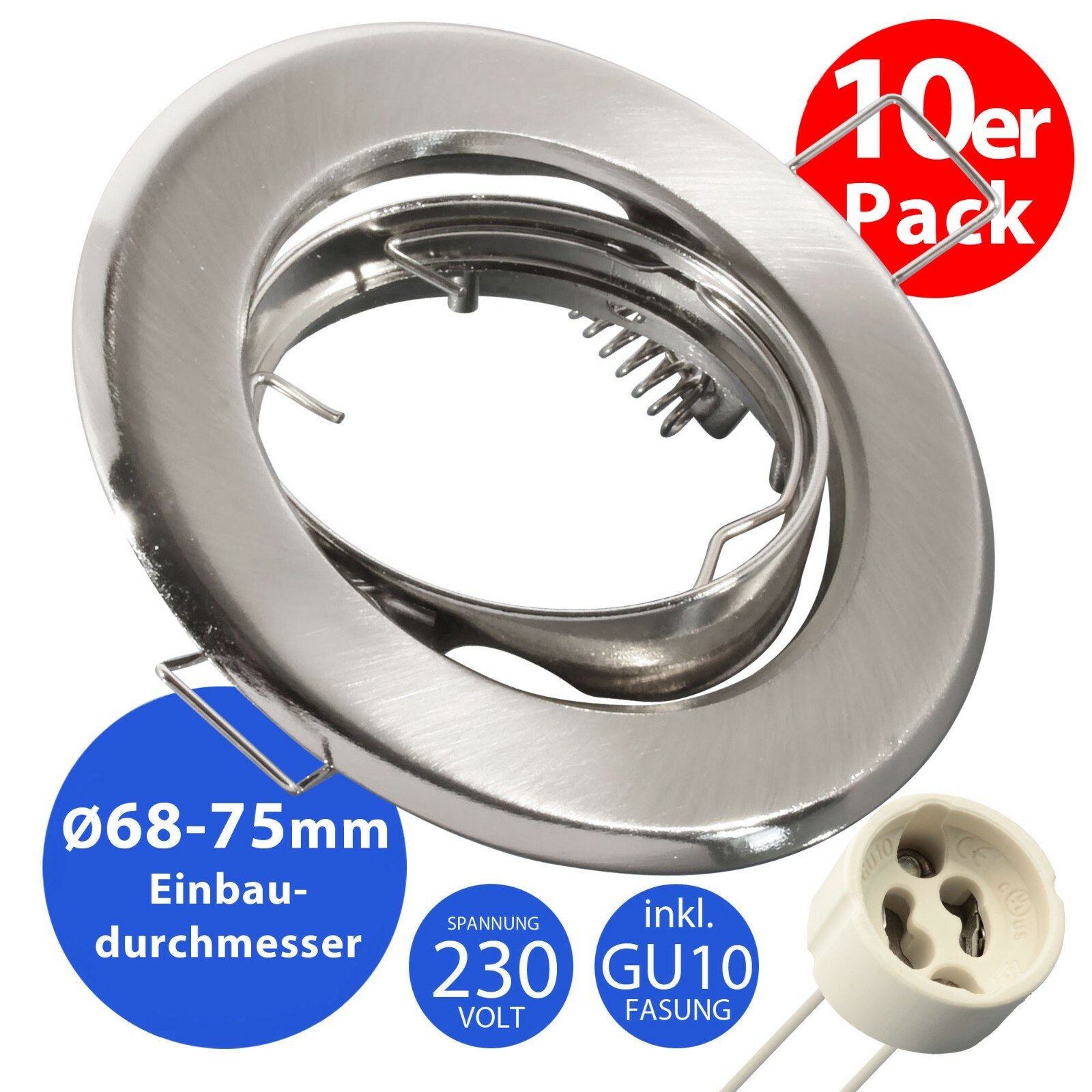 10x Einbaurahmen Set Für GU10/MR16 Spots – Silber, Schwenkbar Bis 45°, Für 72-75 Mm Bohrloch