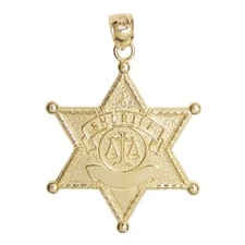 New 14k Yellow Gold Sheriff Badge Pendant