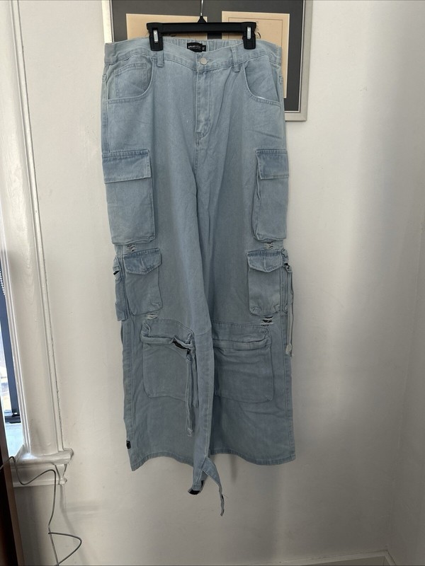 XPlus Wear Jean Denim Cargo High Waisted POCKETS GALORE Travel Wide Leg Size XL