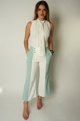 PANTALONE ELISABETTA FRANCHI DA DONNA BIANCO VERDE MARINO CORTO LOGO E F  BOTTONI | eBay