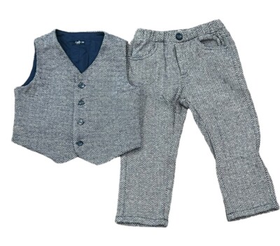 IL GUFO TODDLER BOY'S SET  OUTFIT VEST PANTS GRAY BLUE HERRINGBONE 18 M