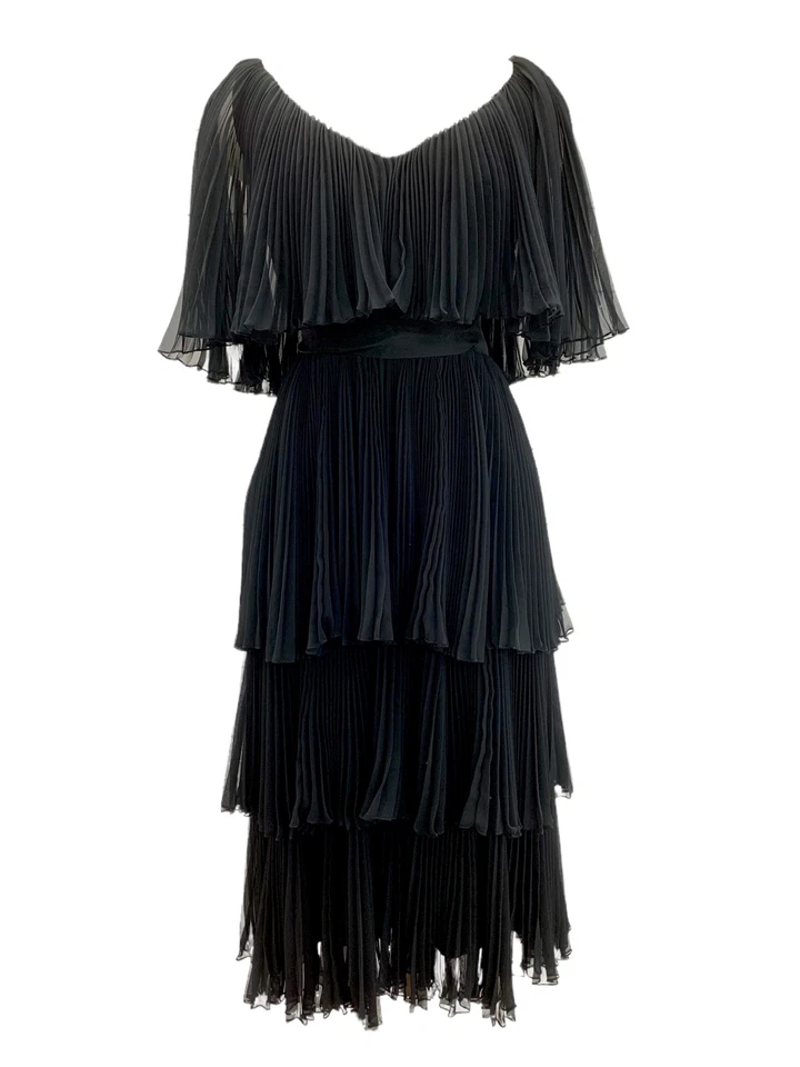 Vestido de cóctel negro plisado Richilene vintage años 70 diseñador vintage años 70 Foto 3 de 4