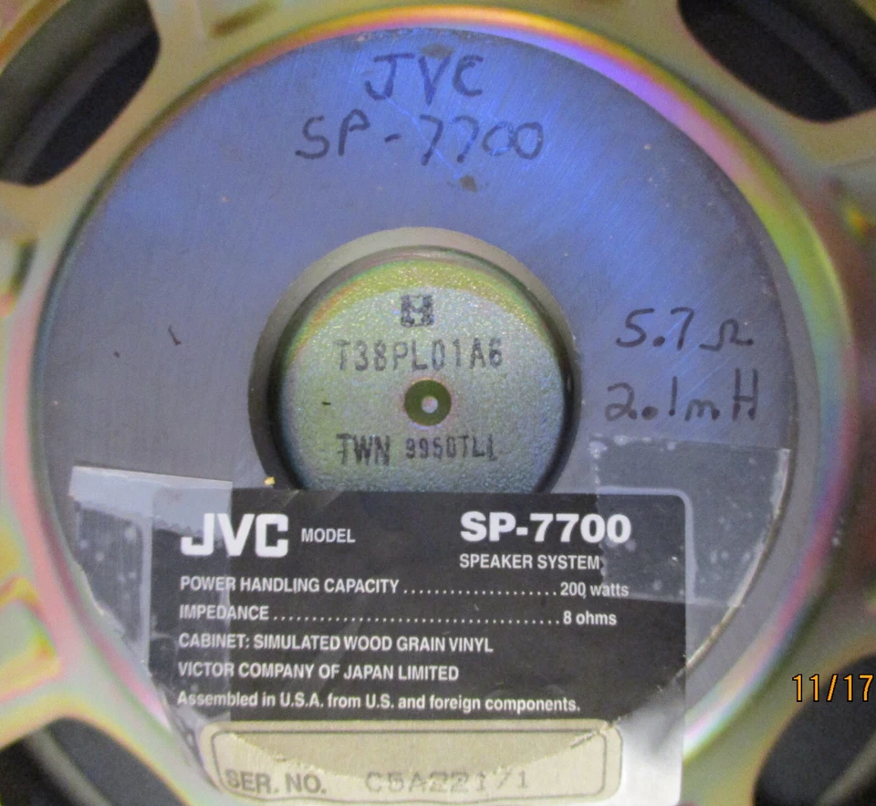 Woofer JVC 15" T38PL01A6 clasificado 8 Ohm 200Wp - mide ~5.7R 2.1mH SP-7700 tirones Foto 2 de 4