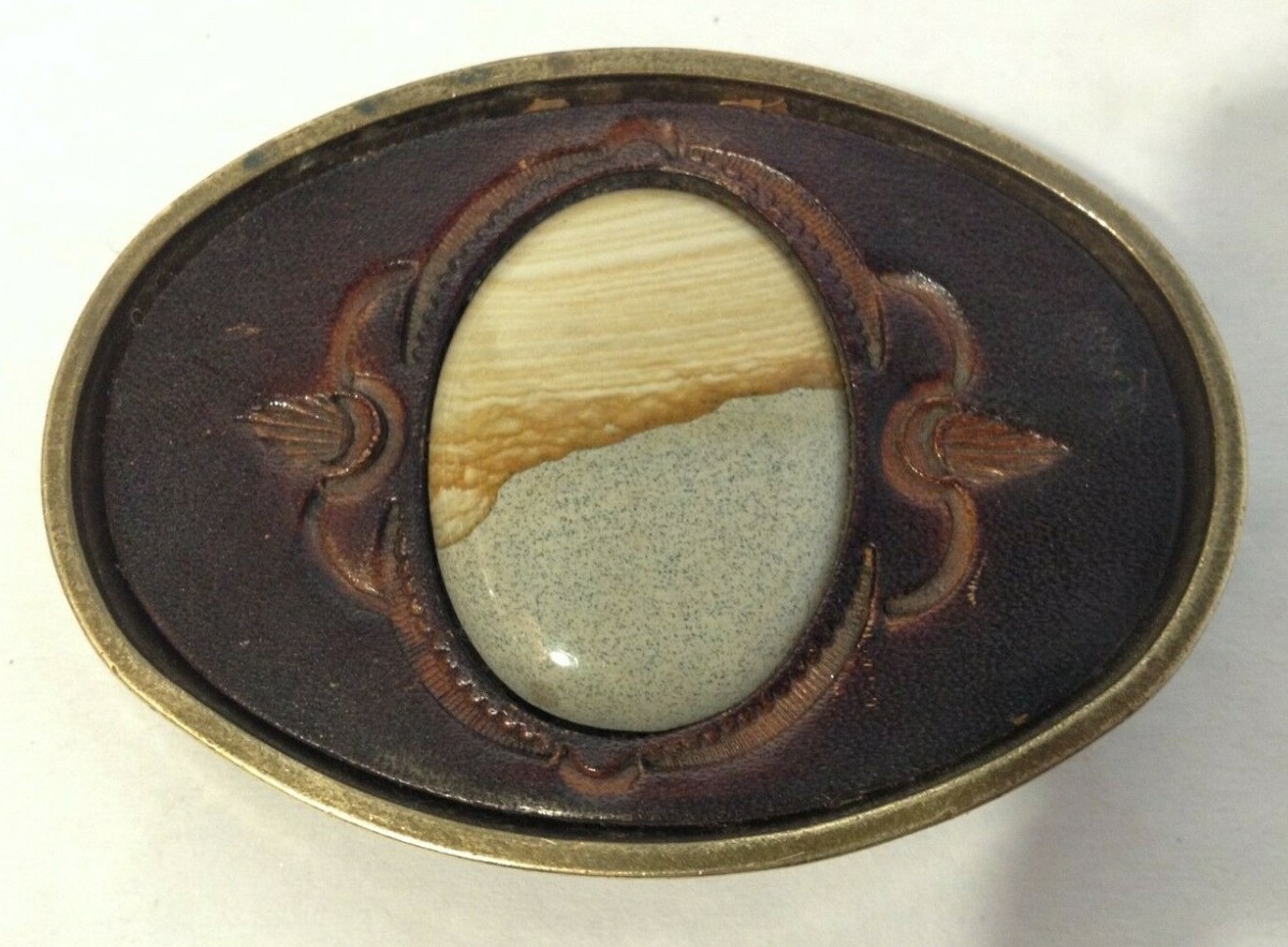 BTS Vintage Brass Belt Buckle w/ Polished Wood and Stone  display picture 3