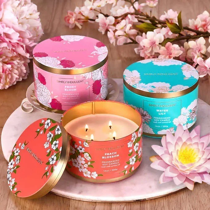 Simply Indulgent 14oz Scented Candle Set 4 Wicks Decorative Tin Soy Wax 3 Piece